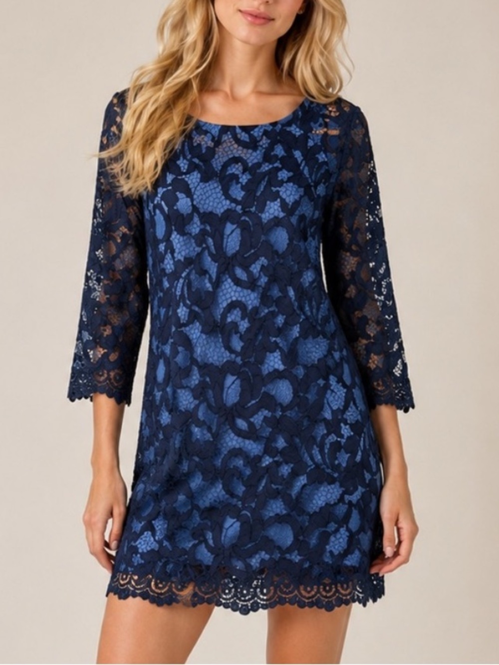 Lilly Pulitzer Aaliyah Two Tone Blue Lace Mini Dress Bow Back 25571